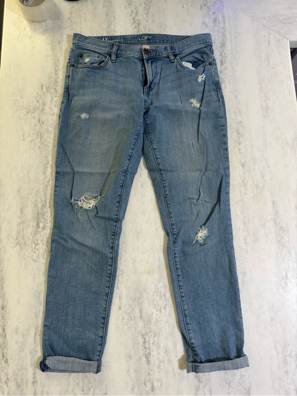 LOFT Relaxed Baggy Fit Casual Distressed Boyfriend Denim Jeans Light Blue Wash 0